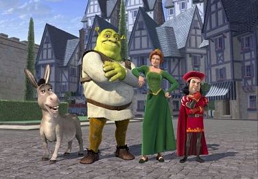 Der Esel, Shrek, Prinzessin Fiona und Lord Farquaad (von links)